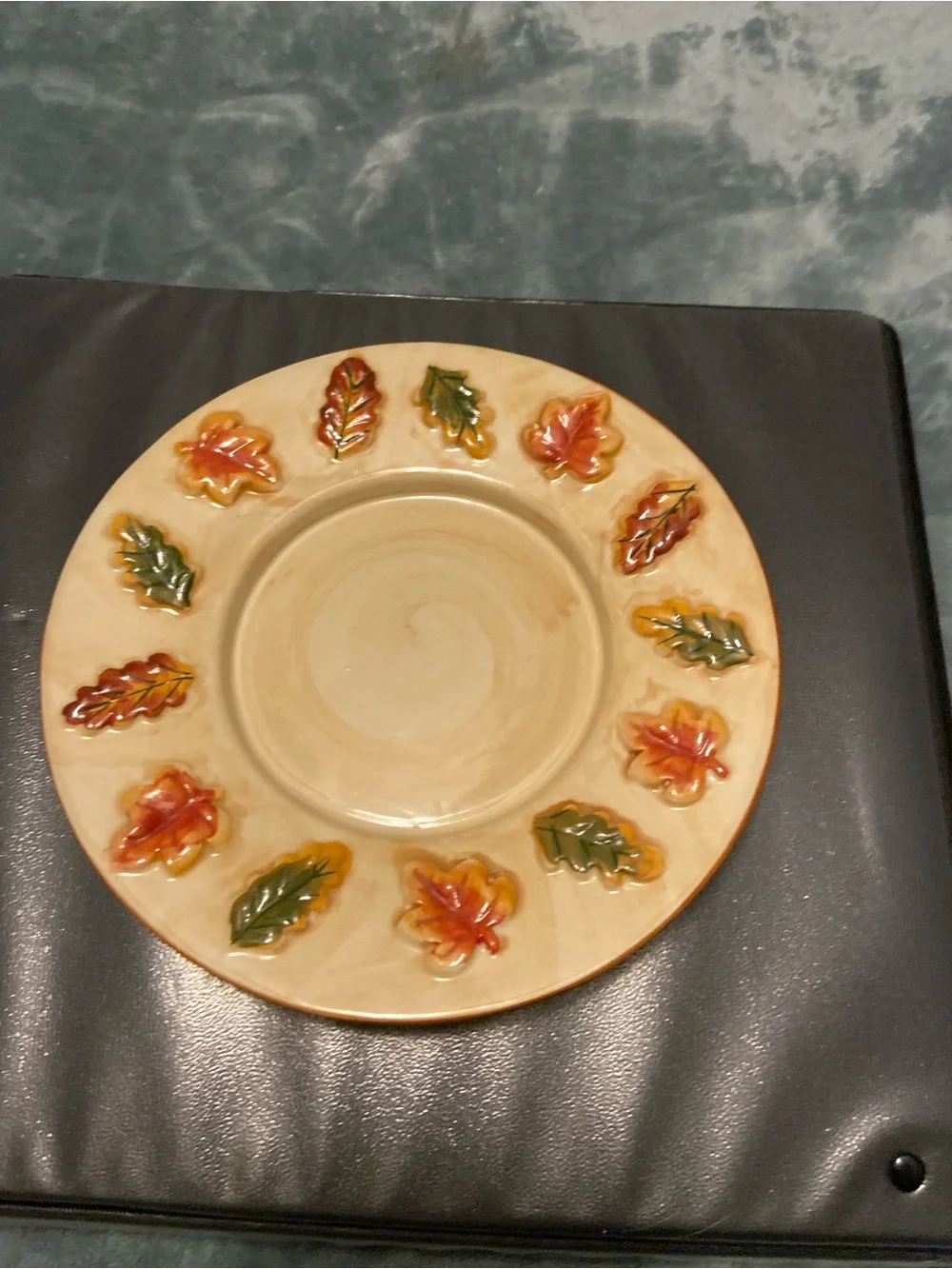 Ceramic Autumn Leaf Candle Holder and Saucer - Cream, Orange, Green